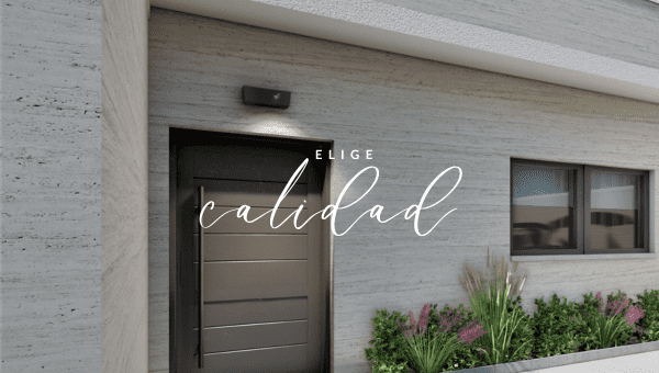 Puerta moderna de entrada a una casa, con un diseño minimalista y rodeada de plantas decorativas. El texto "Elige calidad" se superpone en un estilo elegante.